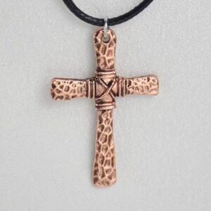 Hammered Copper Cross Necklace Copper Metal Wrapped in Copper Wire Black Cord